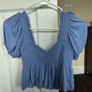 Forever 21 Dusty Blue Smocked Puff Sleeve Crop Top